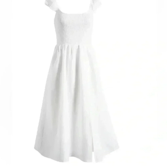 NWT Reformation Tavi 100% Linen White Smocked Ruffle Midi Dress Size Medium - Picture 2 of 12